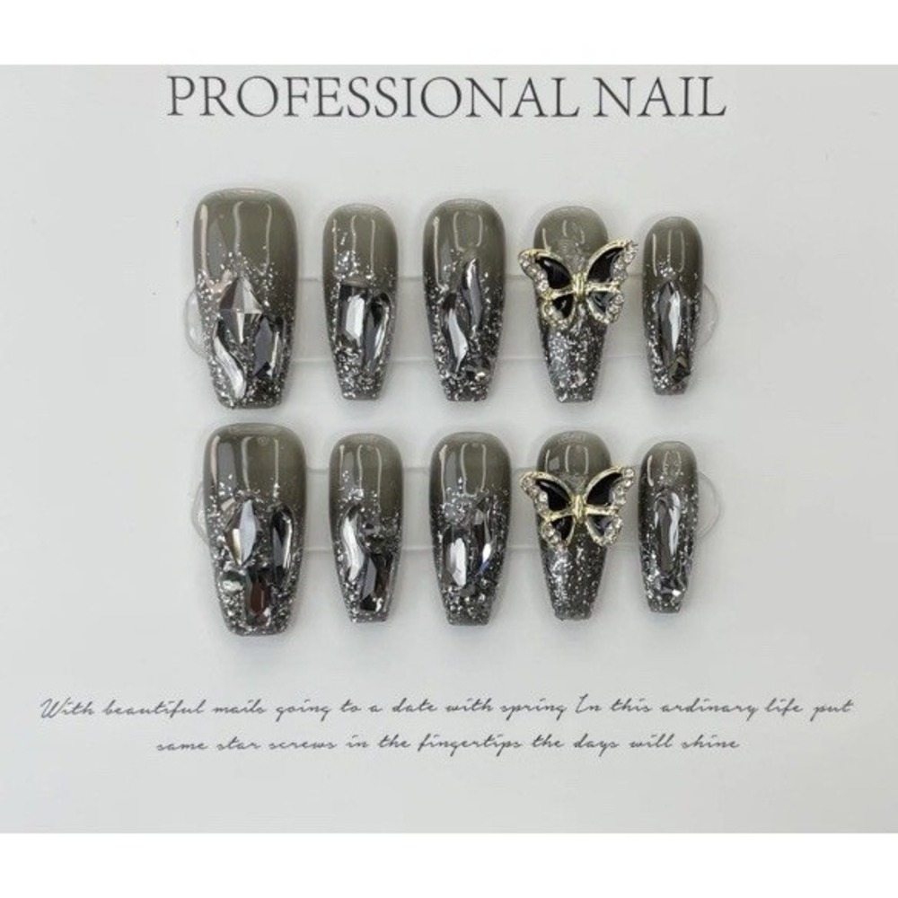Coffin Nails 3D Butterfly Rhinestone Gem Gunmetal Press On 10 Piece Glamorous